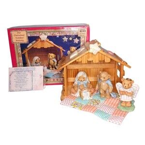 NEW Enesco Cherished Teddies 4 Pc Nativity Set + Wooden Creche Josh Maria & Baby